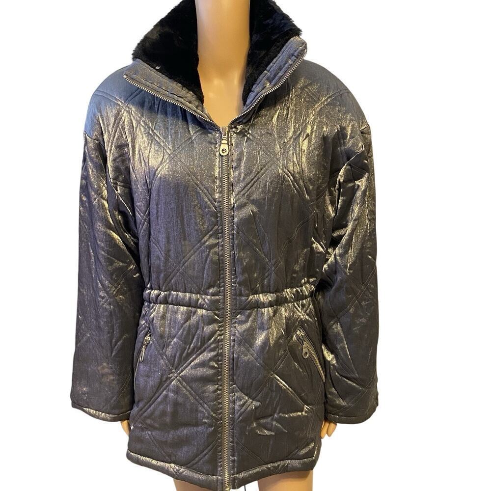Vintage Climate Zone Women L Puffer Coat Jacket Metallic Silver Faux Fur Fullzip